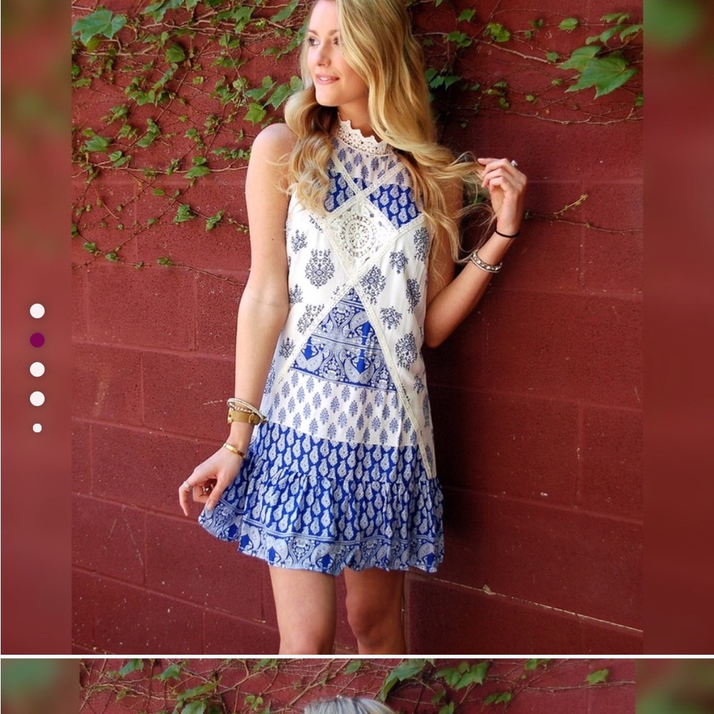 Entro Blue and White Ruffled Tiered Mini Dress